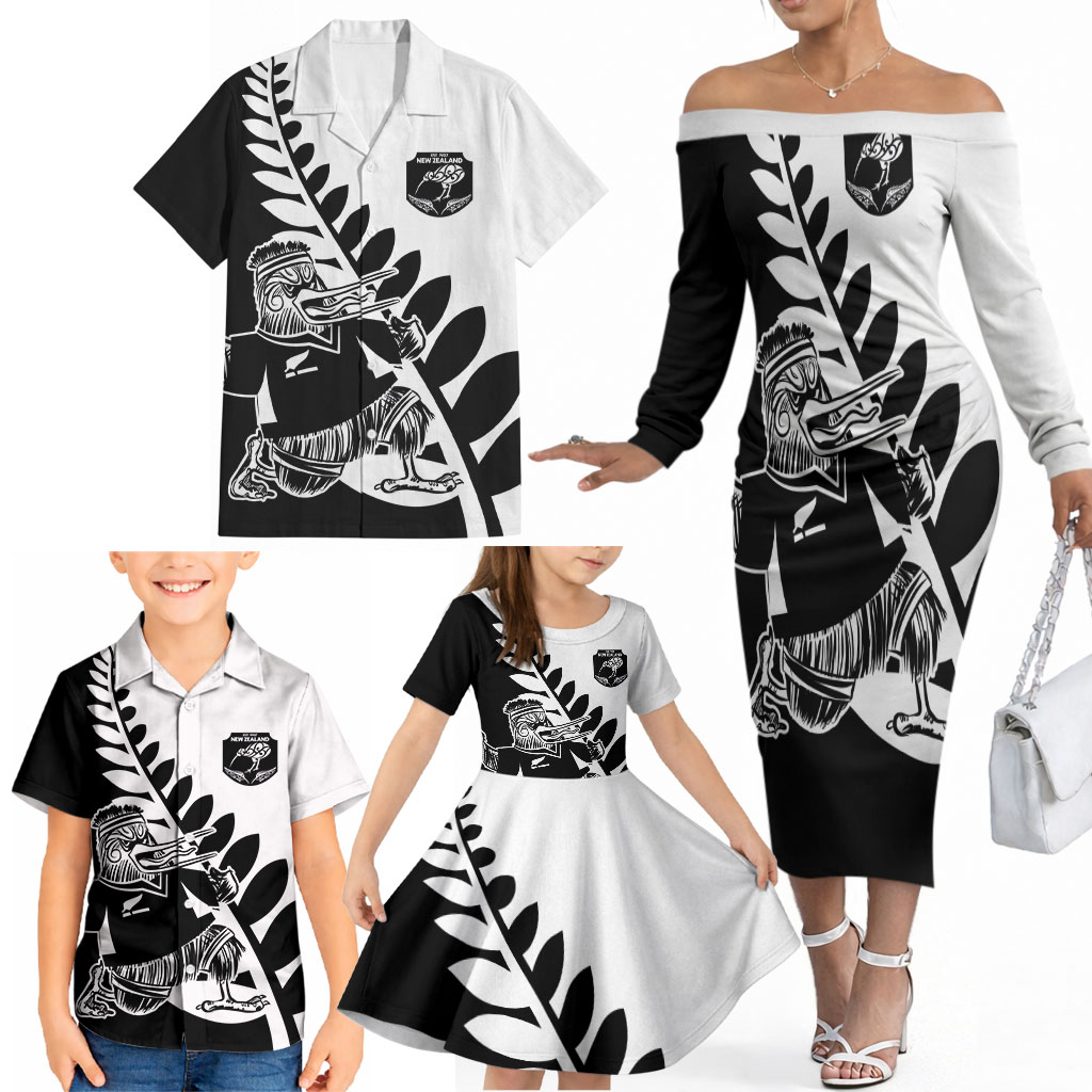 Custom Aotearoa Rugby League Family Matching Off The Shoulder Long Sleeve Dress and Hawaiian Shirt Kiwi Haka and Fern - Sporty Style