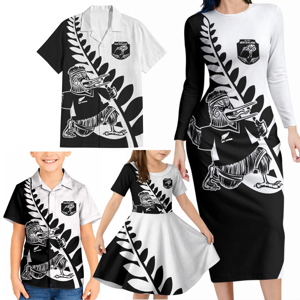 Custom Aotearoa Rugby League Family Matching Long Sleeve Bodycon Dress and Hawaiian Shirt Kiwi Haka and Fern - Sporty Style