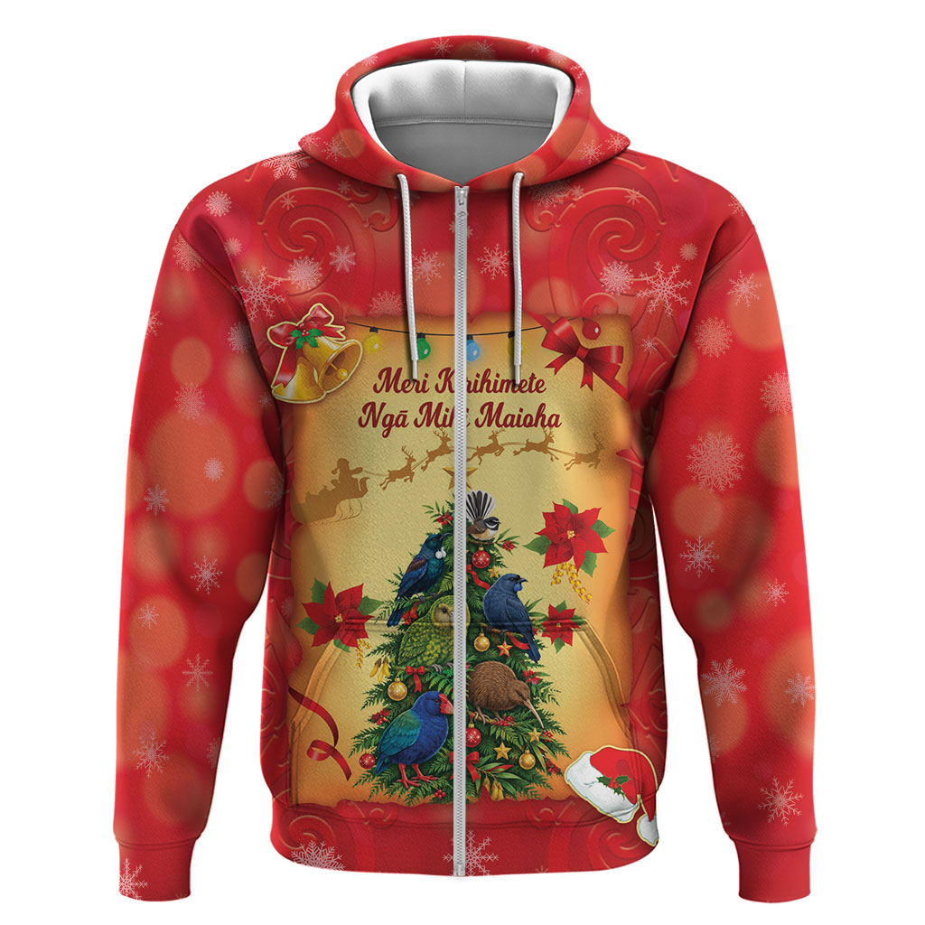 Personalised New Zealand Christmas Zip Hoodie Meri Kirihimete NZ Xmas Tree Animals