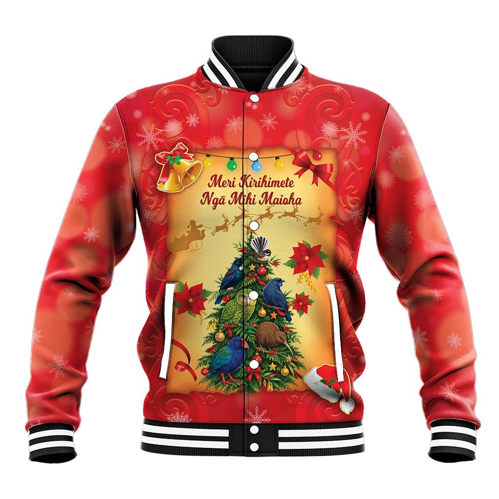 Personalised New Zealand Christmas Baseball Jacket Meri Kirihimete NZ Xmas Tree Animals