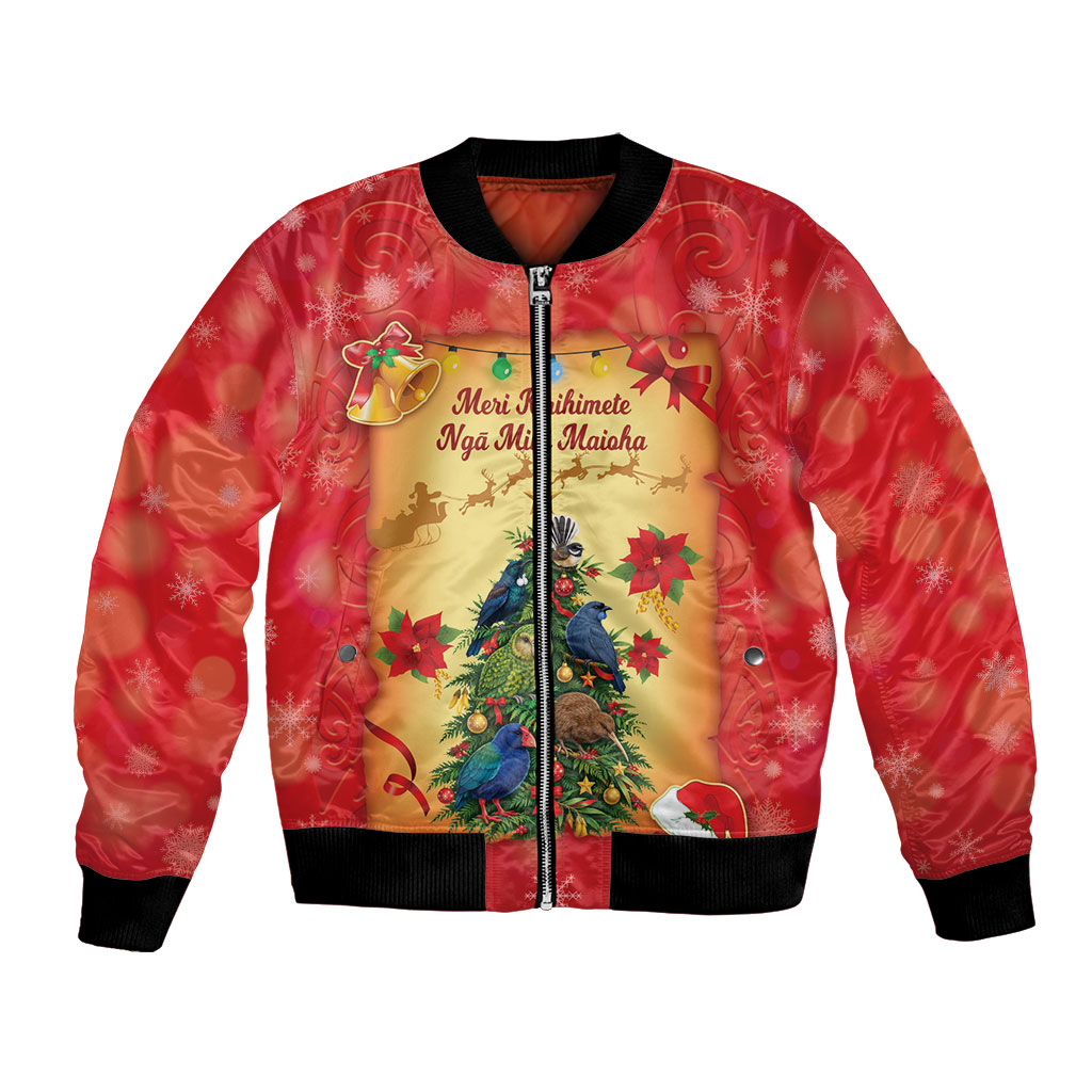 Personalised New Zealand Christmas Bomber Jacket Meri Kirihimete NZ Xmas Tree Animals