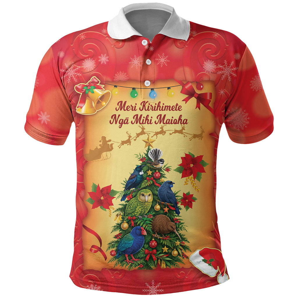 Personalised New Zealand Christmas Polo Shirt Meri Kirihimete NZ Xmas Tree Animals