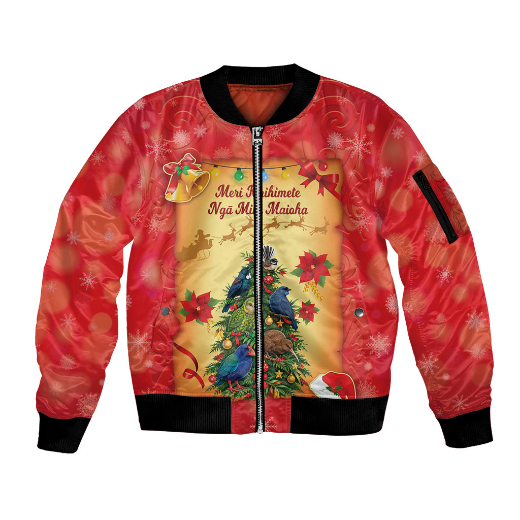 Personalised New Zealand Christmas Sleeve Zip Bomber Jacket Meri Kirihimete NZ Xmas Tree Animals