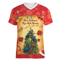 Personalised New Zealand Christmas Women V-Neck T-Shirt Meri Kirihimete NZ Xmas Tree Animals