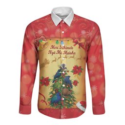 Personalised New Zealand Christmas Long Sleeve Button Shirt Meri Kirihimete NZ Xmas Tree Animals