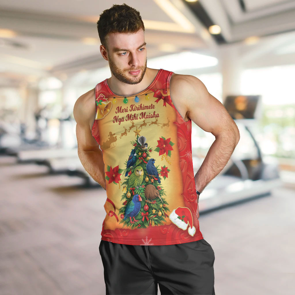 Personalised New Zealand Christmas Men Tank Top Meri Kirihimete NZ Xmas Tree Animals