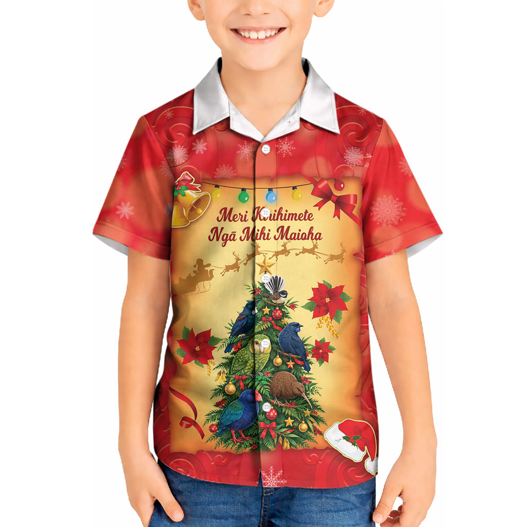 Personalised New Zealand Christmas Kid Hawaiian Shirt Meri Kirihimete NZ Xmas Tree Animals