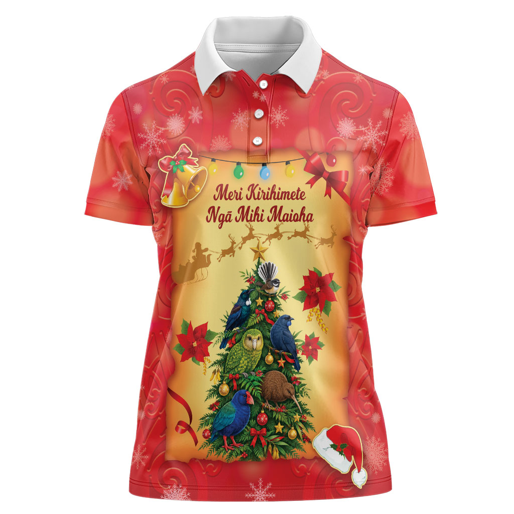 Personalised New Zealand Christmas Women Polo Shirt Meri Kirihimete NZ Xmas Tree Animals