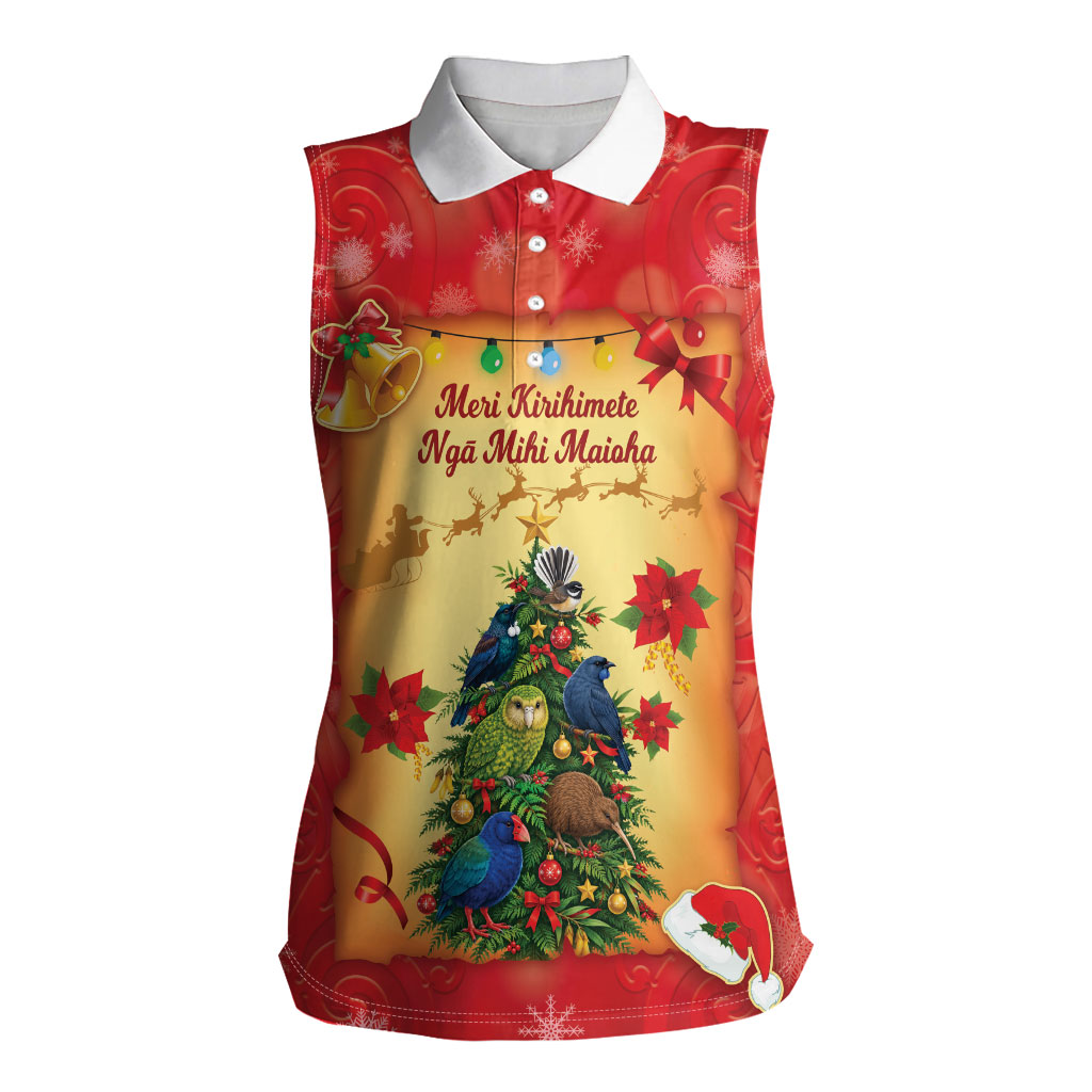 Personalised New Zealand Christmas Women Sleeveless Polo Shirt Meri Kirihimete NZ Xmas Tree Animals