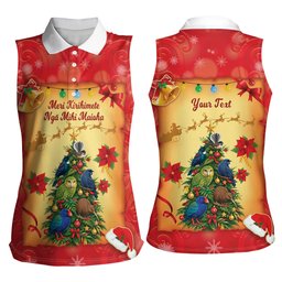 Personalised New Zealand Christmas Women Sleeveless Polo Shirt Meri Kirihimete NZ Xmas Tree Animals
