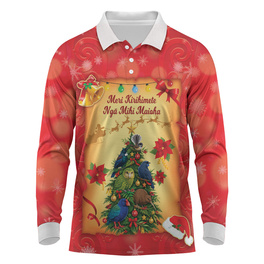 Personalised New Zealand Christmas Long Sleeve Polo Shirt Meri Kirihimete NZ Xmas Tree Animals