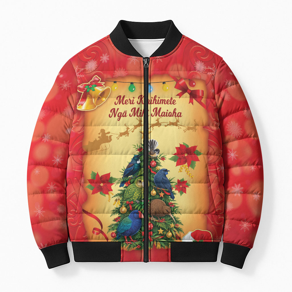 Personalised New Zealand Christmas Bomber Puffer Jacket Meri Kirihimete NZ Xmas Tree Animals