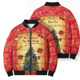 Personalised New Zealand Christmas Bomber Puffer Jacket Meri Kirihimete NZ Xmas Tree Animals