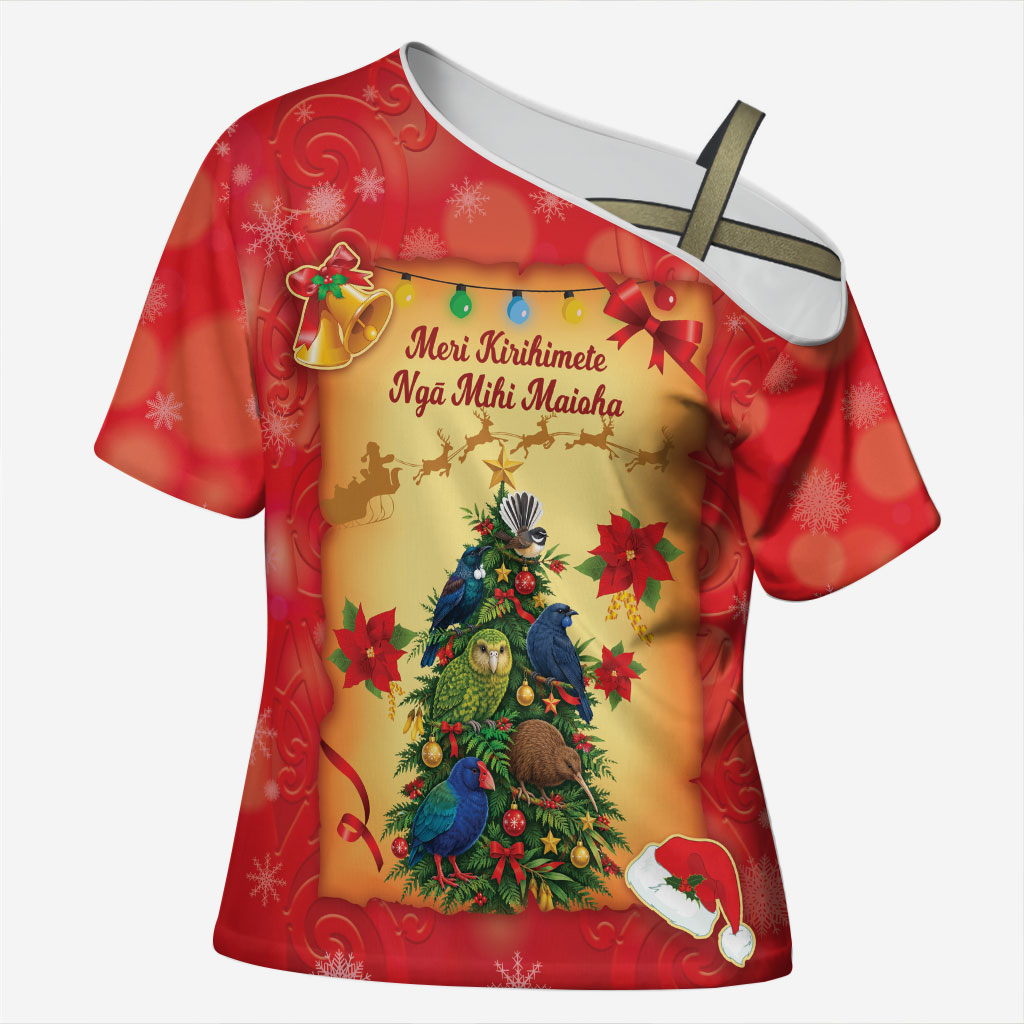 Personalised New Zealand Christmas Cross Shoulder Shirt Meri Kirihimete NZ Xmas Tree Animals