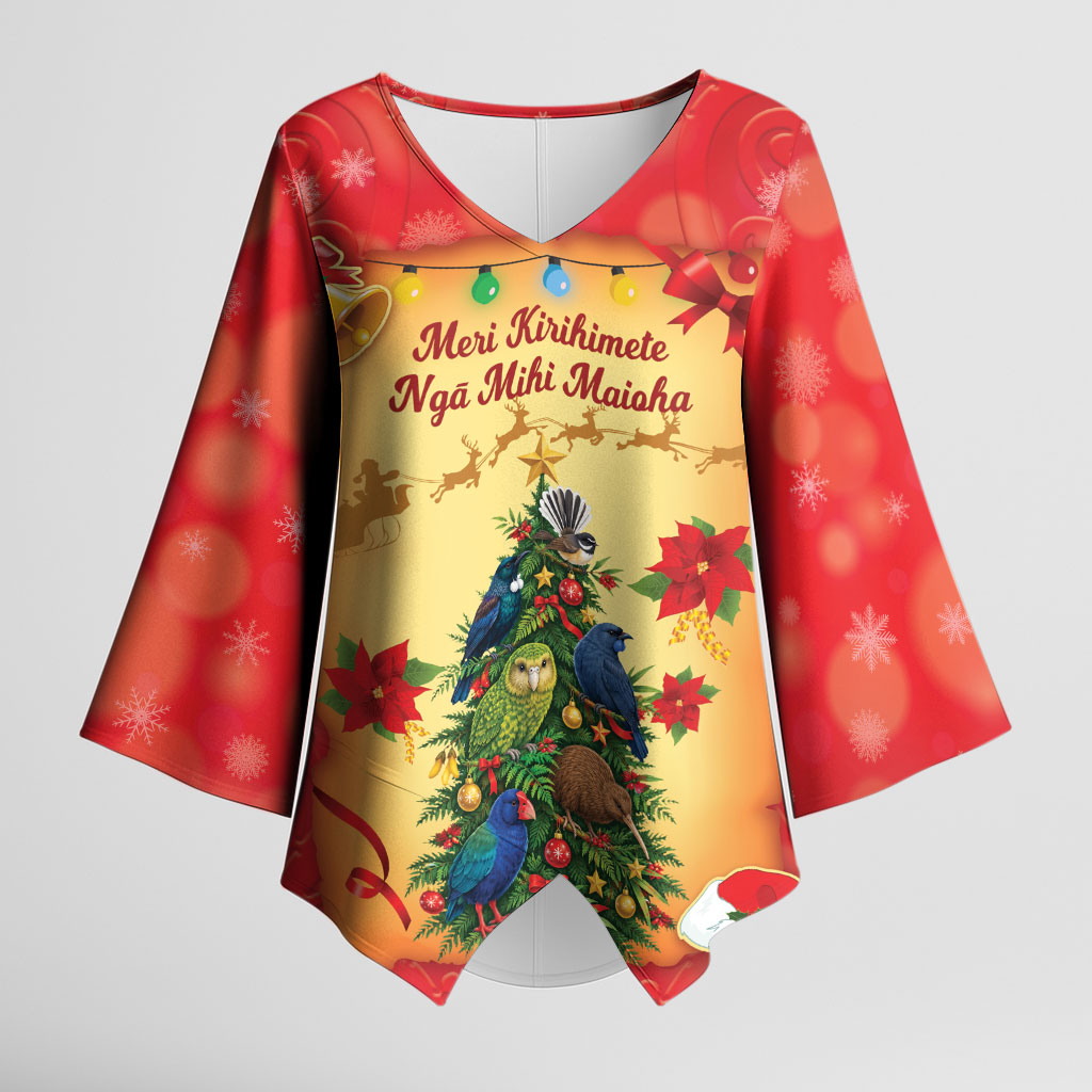 Personalised New Zealand Christmas Kimono Sleeve Blouse Meri Kirihimete NZ Xmas Tree Animals