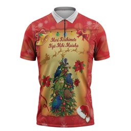 Personalised New Zealand Christmas Zipper Polo Shirt Meri Kirihimete NZ Xmas Tree Animals