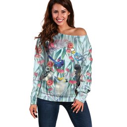 National Bird Week - Aussie Birds on Eucalyptus Off Shoulder Sweater Sky Blue
