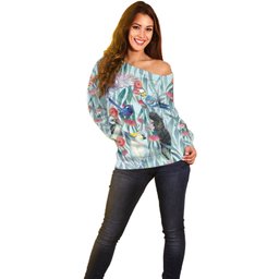 National Bird Week - Aussie Birds on Eucalyptus Off Shoulder Sweater Sky Blue