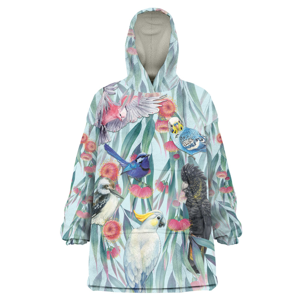 National Bird Week - Aussie Birds on Eucalyptus Wearable Blanket Hoodie Sky Blue