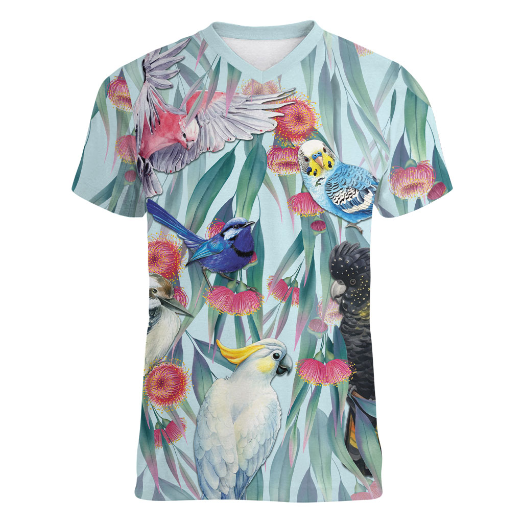 National Bird Week - Aussie Birds on Eucalyptus Women V-Neck T-Shirt Sky Blue