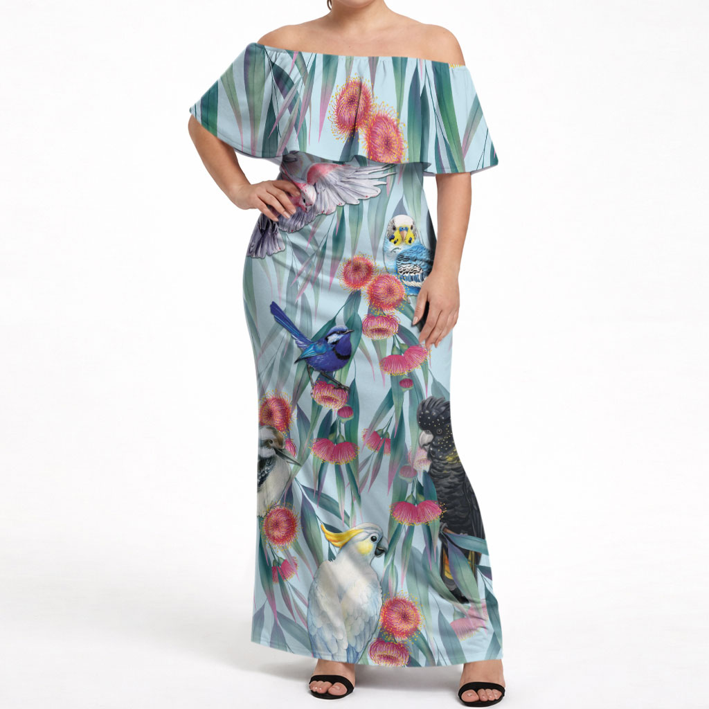 National Bird Week - Aussie Birds on Eucalyptus Off Shoulder Maxi Dress Sky Blue