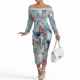 National Bird Week - Aussie Birds on Eucalyptus Off The Shoulder Long Sleeve Dress Sky Blue