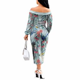 National Bird Week - Aussie Birds on Eucalyptus Off The Shoulder Long Sleeve Dress Sky Blue
