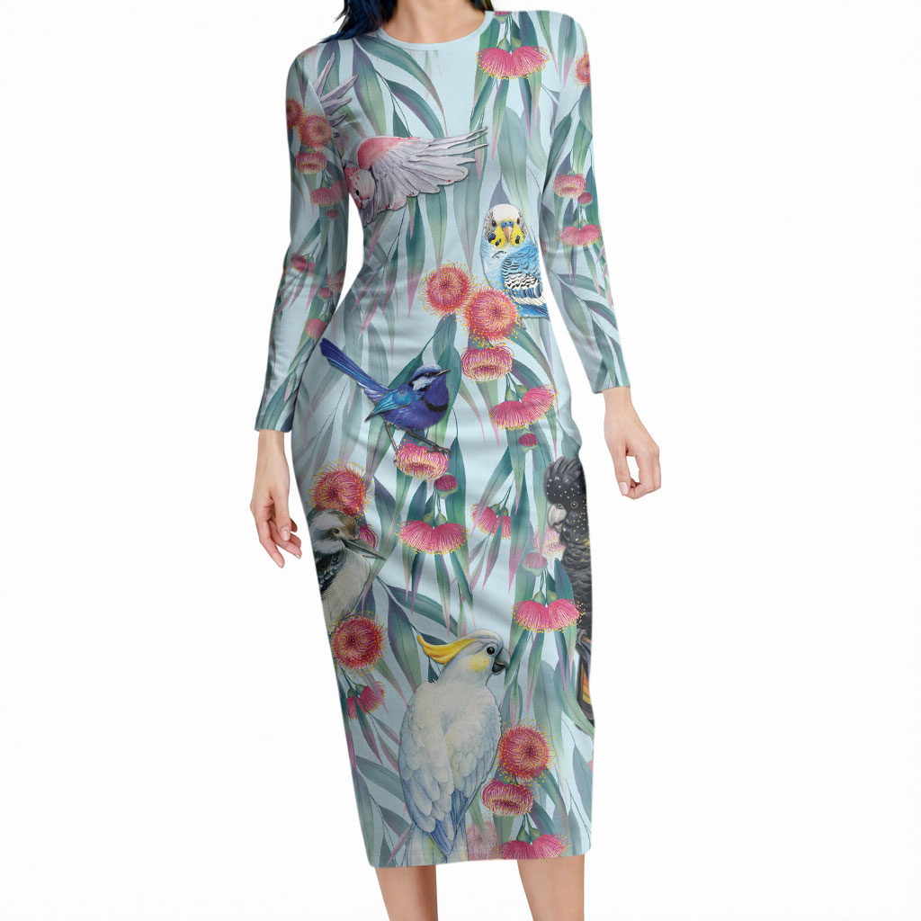 National Bird Week - Aussie Birds on Eucalyptus Long Sleeve Bodycon Dress Sky Blue