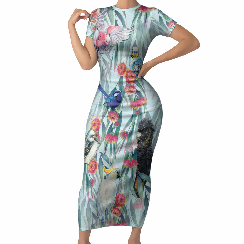 National Bird Week - Aussie Birds on Eucalyptus Short Sleeve Bodycon Dress Sky Blue
