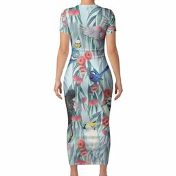 National Bird Week - Aussie Birds on Eucalyptus Short Sleeve Bodycon Dress Sky Blue