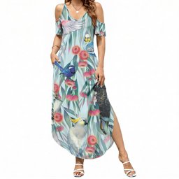 National Bird Week - Aussie Birds on Eucalyptus Summer Maxi Dress Sky Blue