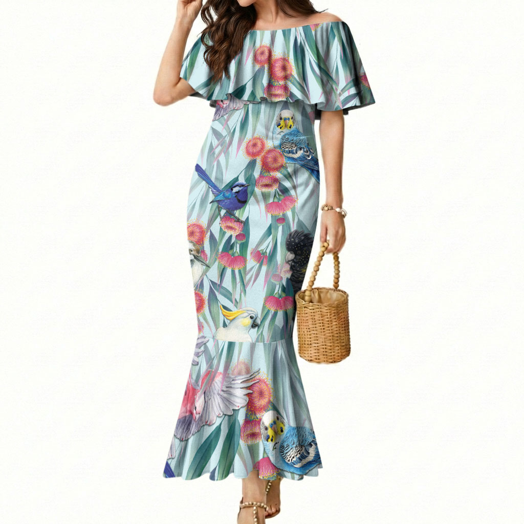 National Bird Week - Aussie Birds on Eucalyptus Mermaid Dress Sky Blue