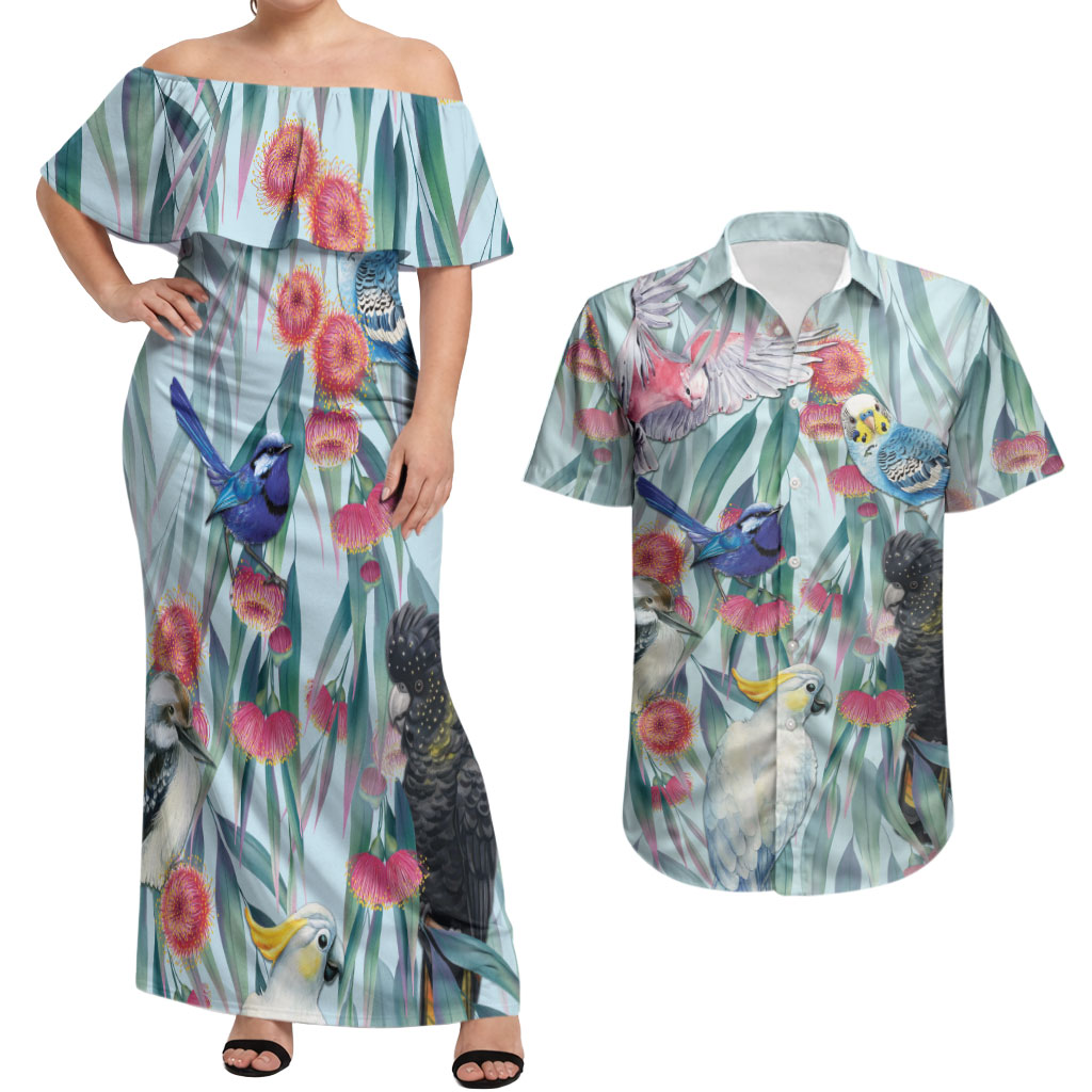 National Bird Week - Aussie Birds on Eucalyptus Couples Matching Off Shoulder Maxi Dress and Hawaiian Shirt Sky Blue