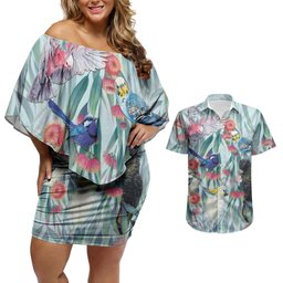 National Bird Week - Aussie Birds on Eucalyptus Couples Matching Off Shoulder Short Dress and Hawaiian Shirt Sky Blue