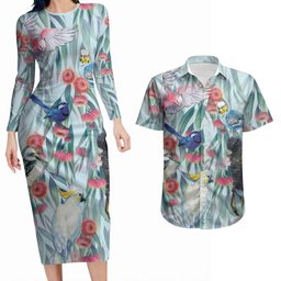 National Bird Week - Aussie Birds on Eucalyptus Couples Matching Long Sleeve Bodycon Dress and Hawaiian Shirt Sky Blue
