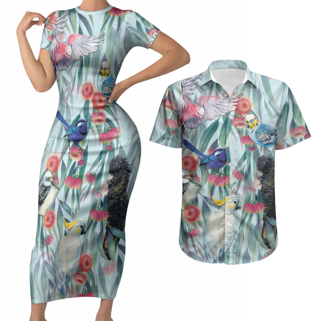 National Bird Week - Aussie Birds on Eucalyptus Couples Matching Short Sleeve Bodycon Dress and Hawaiian Shirt Sky Blue