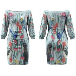 National Bird Week - Aussie Birds on Eucalyptus Couples Matching Off The Shoulder Long Sleeve Dress and Hawaiian Shirt Sky Blue