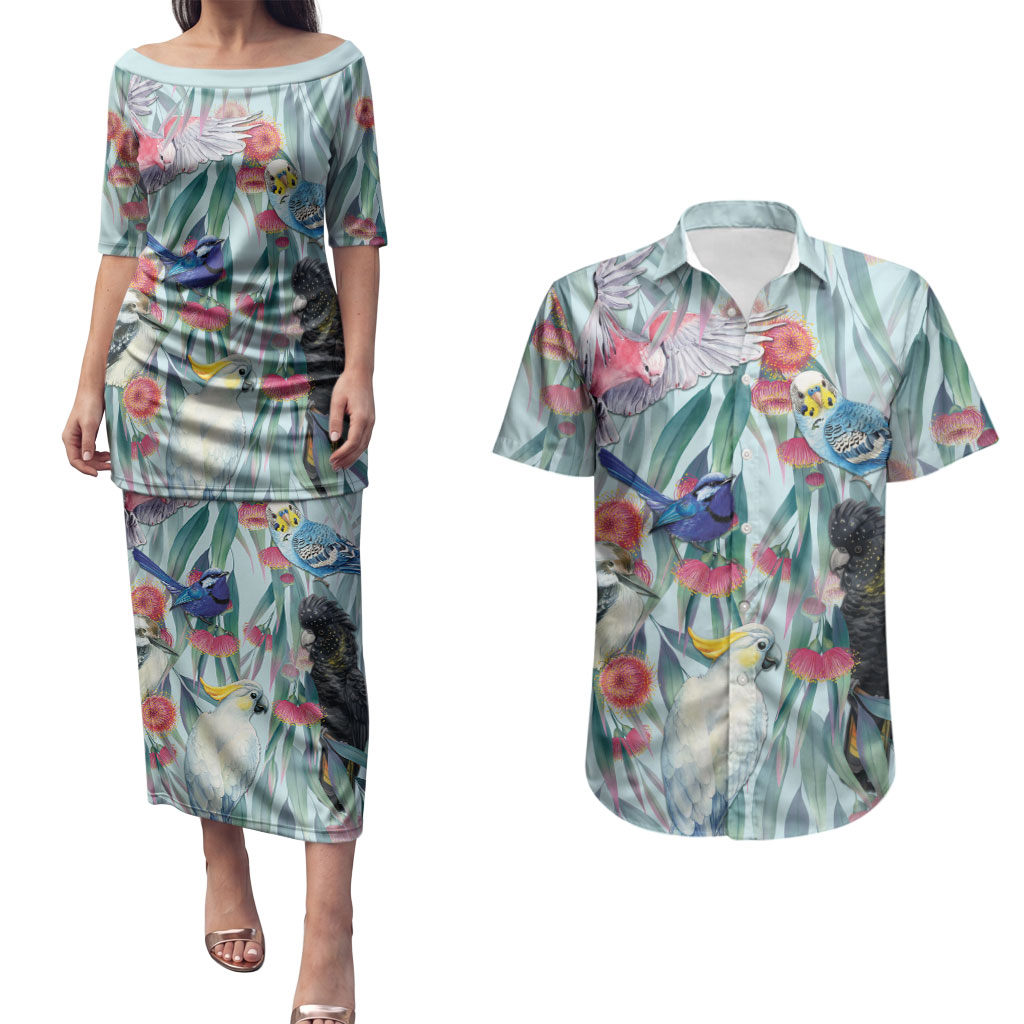 National Bird Week - Aussie Birds on Eucalyptus Couples Matching Puletasi and Hawaiian Shirt Sky Blue