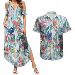 National Bird Week - Aussie Birds on Eucalyptus Couples Matching Summer Maxi Dress and Hawaiian Shirt Sky Blue