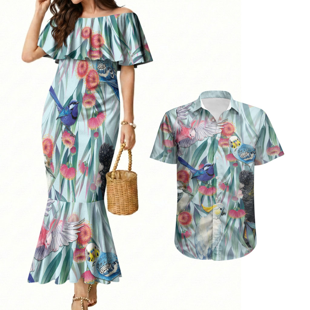 National Bird Week - Aussie Birds on Eucalyptus Couples Matching Mermaid Dress and Hawaiian Shirt Sky Blue
