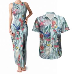 National Bird Week - Aussie Birds on Eucalyptus Couples Matching Tank Maxi Dress and Hawaiian Shirt Sky Blue