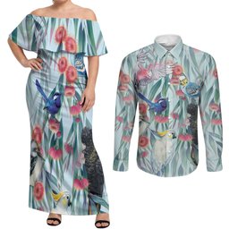 National Bird Week - Aussie Birds on Eucalyptus Couples Matching Off Shoulder Maxi Dress and Long Sleeve Button Shirt Sky Blue