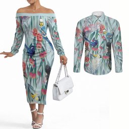 National Bird Week - Aussie Birds on Eucalyptus Couples Matching Off The Shoulder Long Sleeve Dress and Long Sleeve Button Shirt Sky Blue