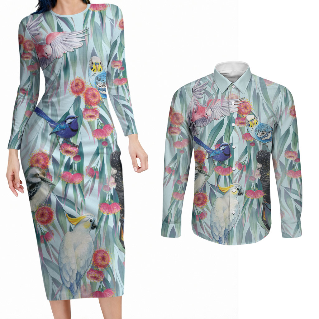 National Bird Week - Aussie Birds on Eucalyptus Couples Matching Long Sleeve Bodycon Dress and Long Sleeve Button Shirt Sky Blue