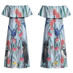 National Bird Week - Aussie Birds on Eucalyptus Couples Matching Off Shoulder Maxi Dress and Long Sleeve Button Shirt Sky Blue
