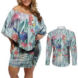 National Bird Week - Aussie Birds on Eucalyptus Couples Matching Off Shoulder Short Dress and Long Sleeve Button Shirt Sky Blue