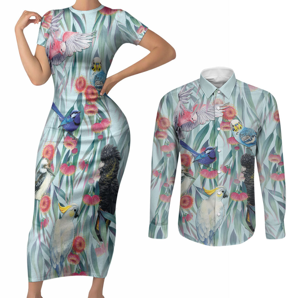 National Bird Week - Aussie Birds on Eucalyptus Couples Matching Short Sleeve Bodycon Dress and Long Sleeve Button Shirt Sky Blue