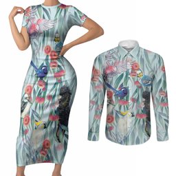 National Bird Week - Aussie Birds on Eucalyptus Couples Matching Short Sleeve Bodycon Dress and Long Sleeve Button Shirt Sky Blue