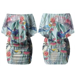 National Bird Week - Aussie Birds on Eucalyptus Couples Matching Off Shoulder Short Dress and Long Sleeve Button Shirt Sky Blue