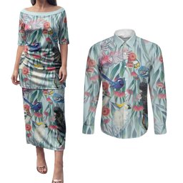 National Bird Week - Aussie Birds on Eucalyptus Couples Matching Puletasi and Long Sleeve Button Shirt Sky Blue